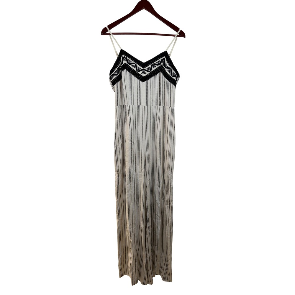 Skies‎ Are Blue Jumpsuit S Cream Black Striped Embroidered Tie Back Wide NWT